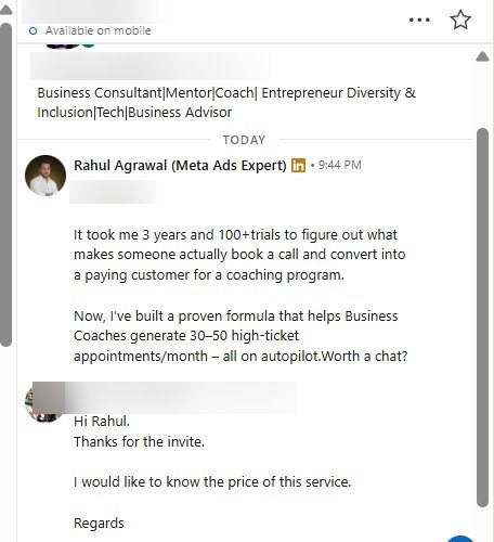 Europe-based business consultant — asked for pricing